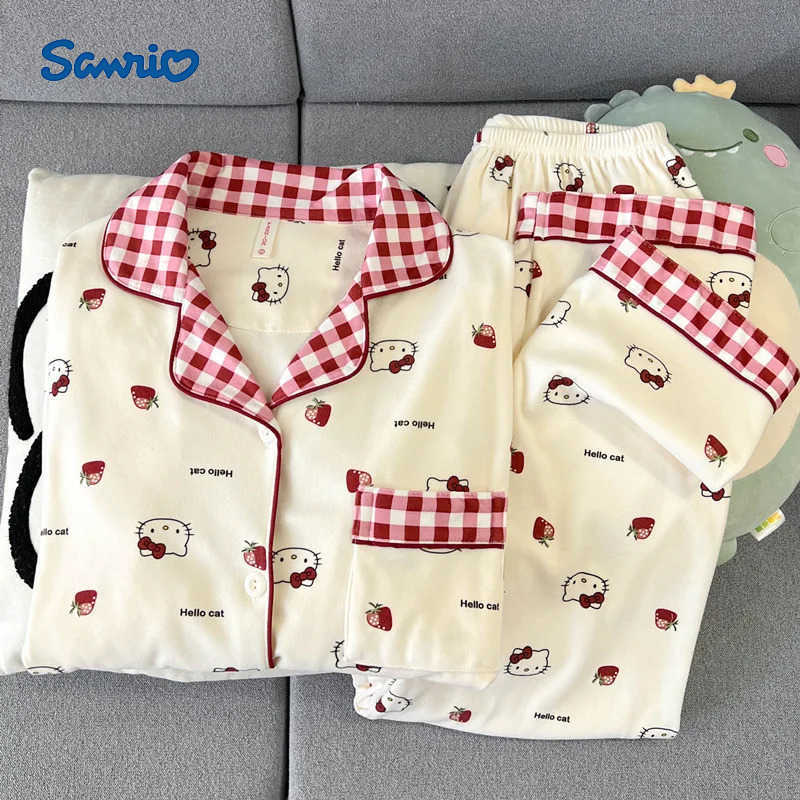 Sanrio Anime 2Pcs Women Thicken Pajamas Suit Cartoon Hello Kitty Loose Homewear Leisure Long Sleeve Pants Kawaii Girls Nightgown Suit H251216-image-1088667170