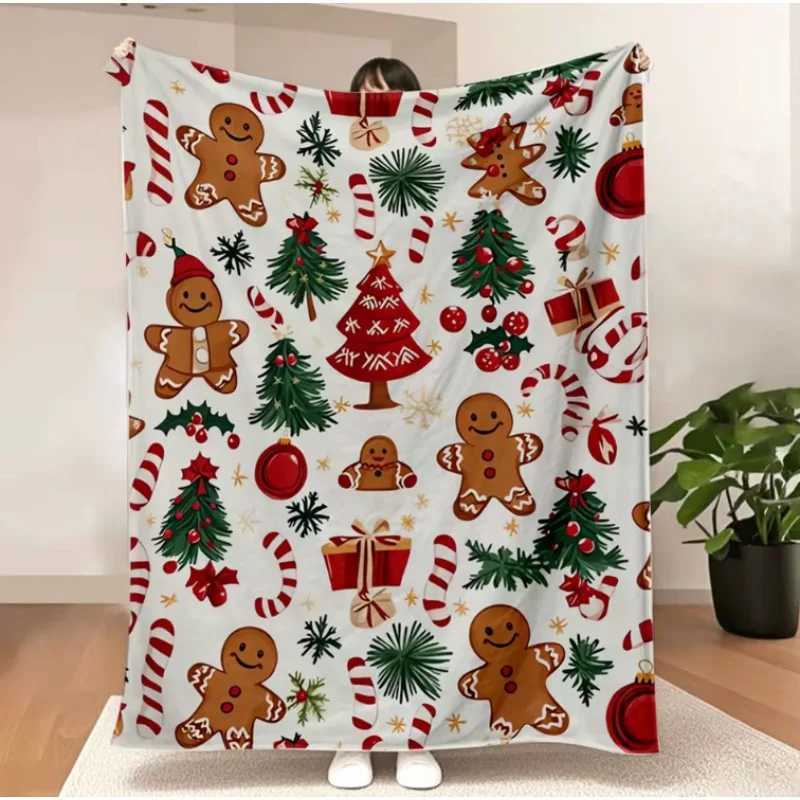 1pc Ultra-Soft Christmas Gingerbread Wonderland Print Flannel Throw Blanket- Festive Holiday Decorative Blanket H251216-image-1088601661