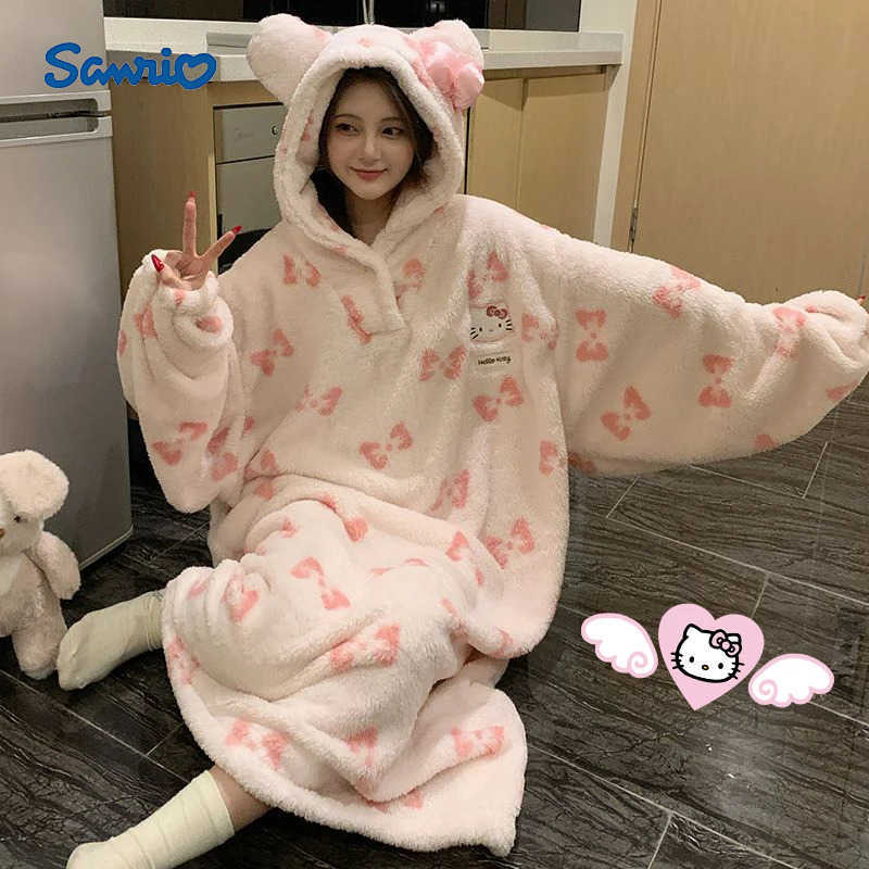 Sanrio Cartoon Large Size Coral Velvet Robe Kawaii Hello Kittys Women Pajamas Long Hooded Night Dress Autumn Winter Girls Homewear Warm H251216-image-1088665879