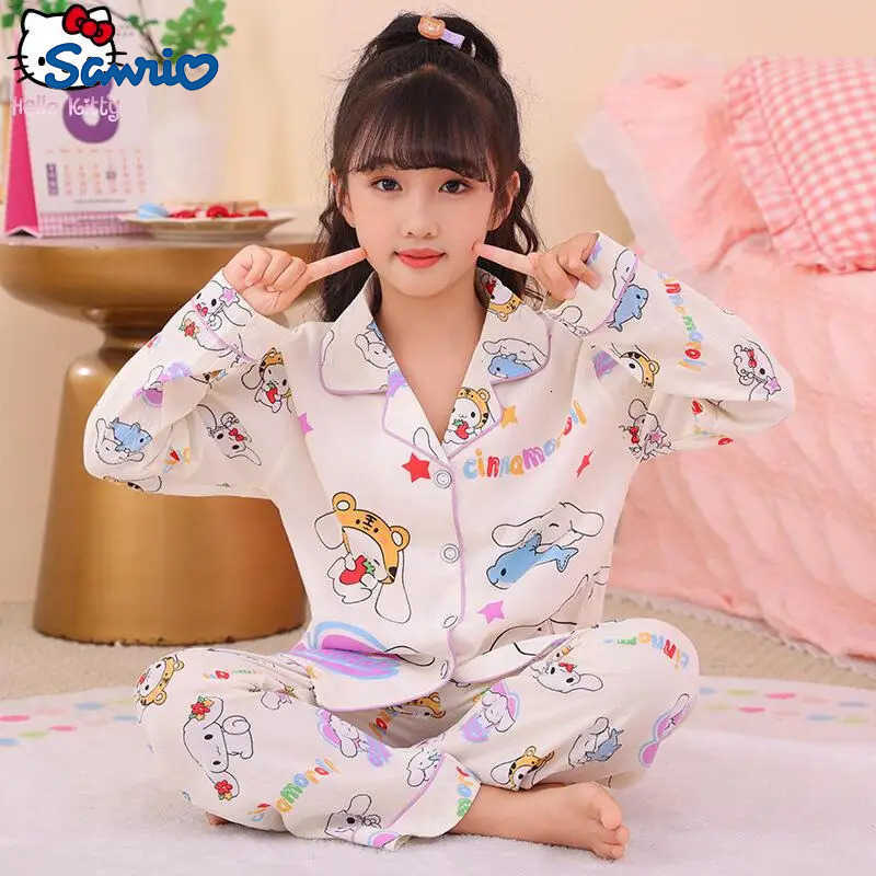 Sanrio Kawaii Kuromi Cartoon Girls Home Clothing Set Hello Kitty Autumn New Anime Long Sleeves Fashion Parent-Child Pajamas H251216-image-1088702883