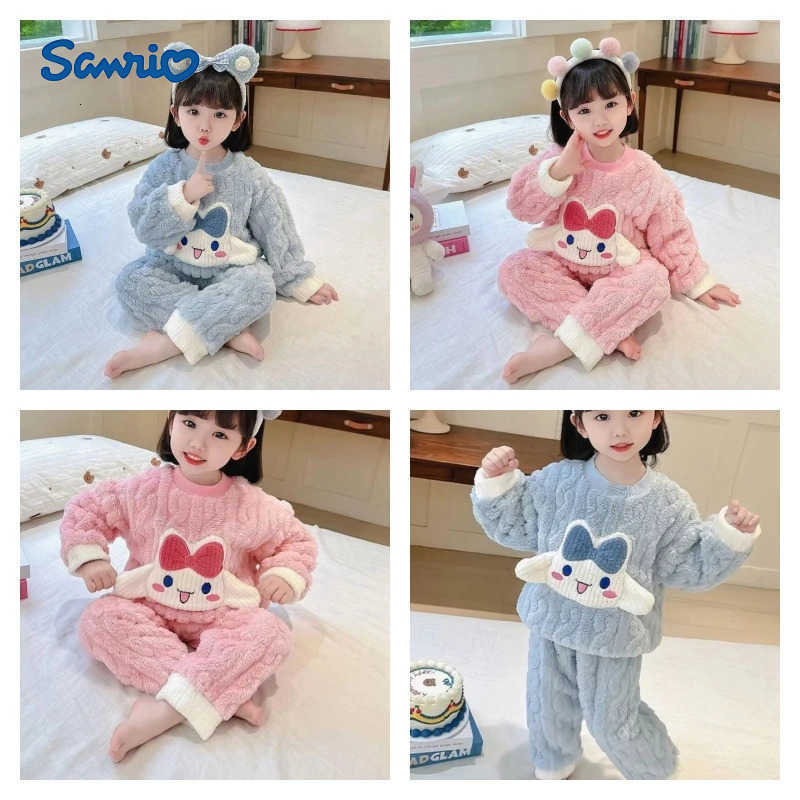 Sanrio Hot Girl Pajama Set Cinnamoroll Kawaii Anime Winter Child Keep Warm Round Neck Tops Long Pants Childrens Clothing New H251216-image-1088698669