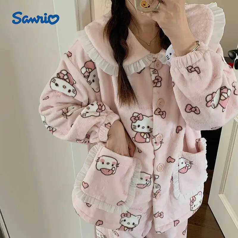 Sanrio Girl pajamas set microvilli hello kitty kawaii Cartoon Student Casual Autumn winter Round neck Loungewear set new style H251216-image-1088664651