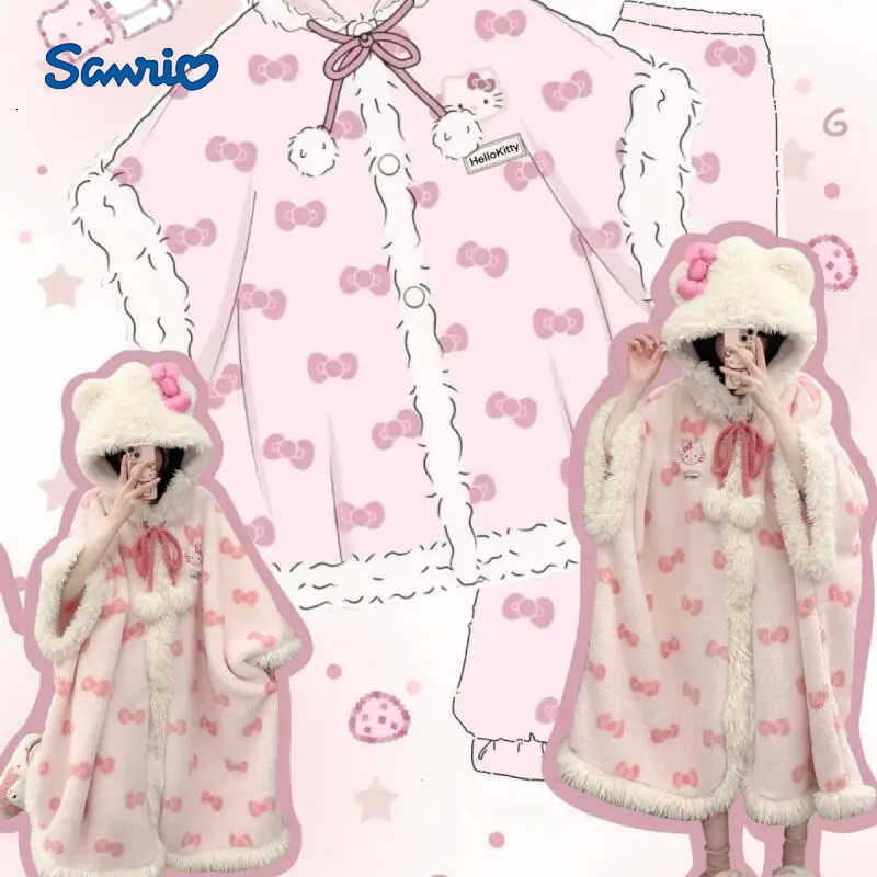 Sanrio New Hello Kitty Cartoon Girl Heart Plus Velvet Thickened Pajamas Creative Kawaii Warm Home Wear Hooded Cloak Bathrobe H251216-image-1088666144