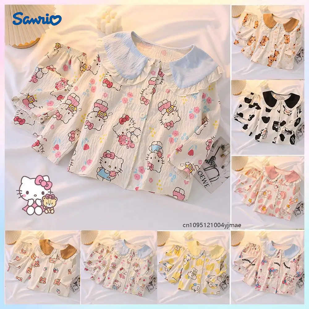 Sanrio Anime 2Pcs Hello Kitty Childrens Pajamas Set Melody Kids Doll Collar Cardigan Long Sleeves Sleepwear Girls Homewear Set H251216-image-1088712604