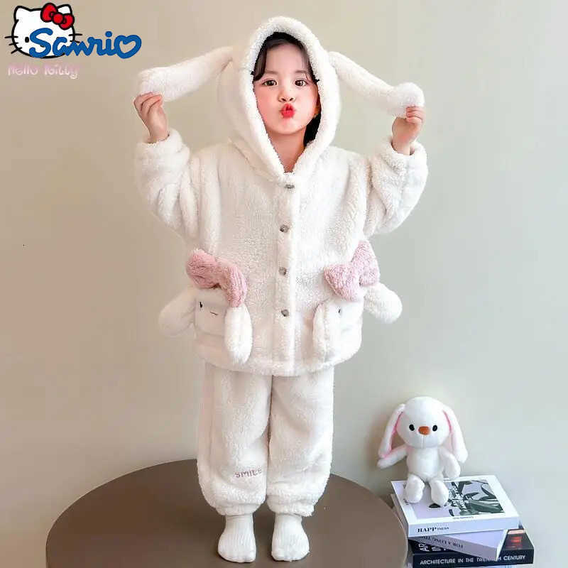 Sanrio Anime Winter Cartoon Cinnamoroll Children Warm Coat Set Kawaii Girls Thicken Hooded Nightgown Fashion Sweet Soft Kid Tops H251216-image-1088697223