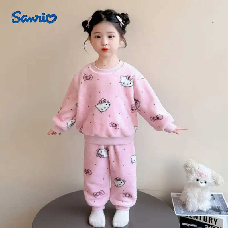 Sanrio 2Pcs Hello Kitty Children Cartoon Pajamas Girls Autumn Winter New Kawaii Anime Thick Warm Fashion Sweet Home Clothes Set H251216-image-1088663794