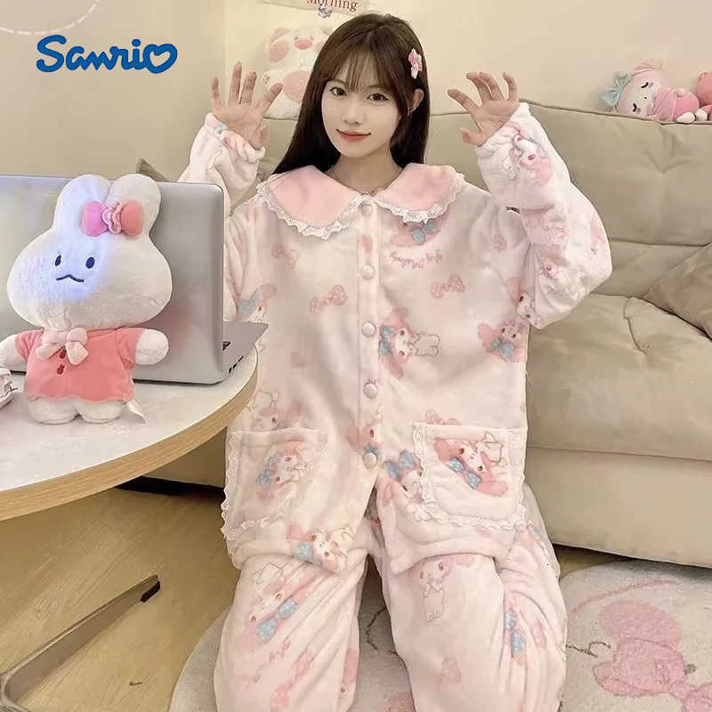 Sanrio Kawaii My Melody Pink Plush Girls Pajamas Suit Home Clothes Sanrios Coral Fleece Cardigan Tops Pants 2Pcs Set Women Sleepwear H251216-image-1088666306