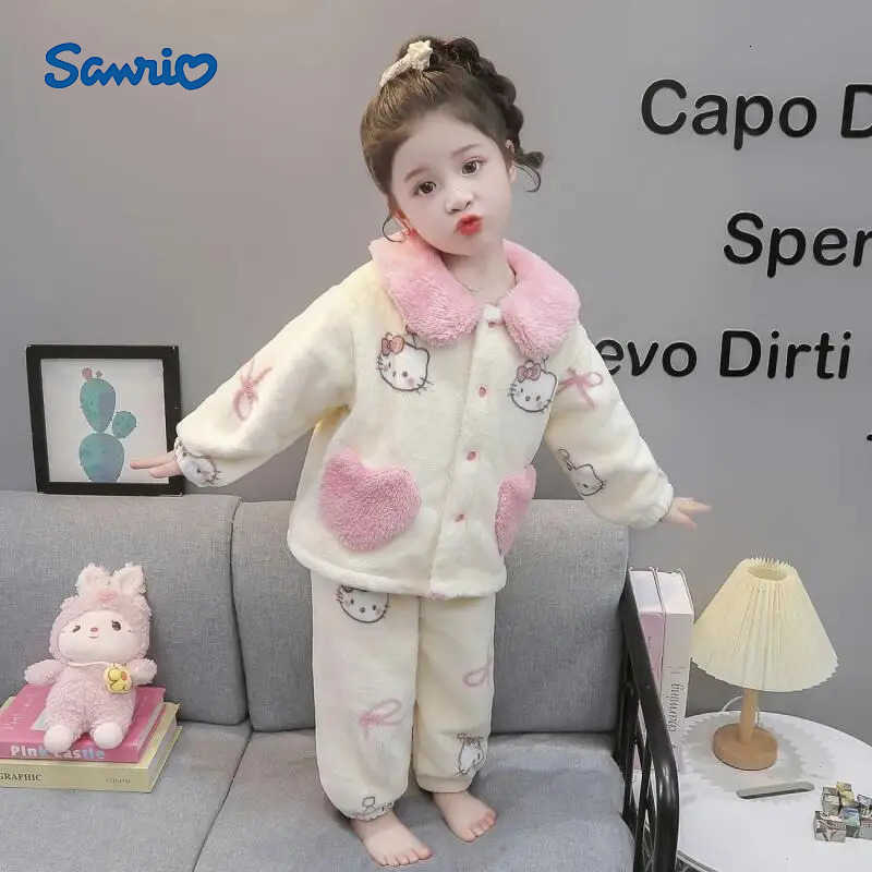 Sanrio Hello Kitty Pajamas Two-Piece Set Autumn and Winter Girl Flannel Tops Pants Child Kawaii Anime Fashion Casual Homewear H251216-image-1088697023
