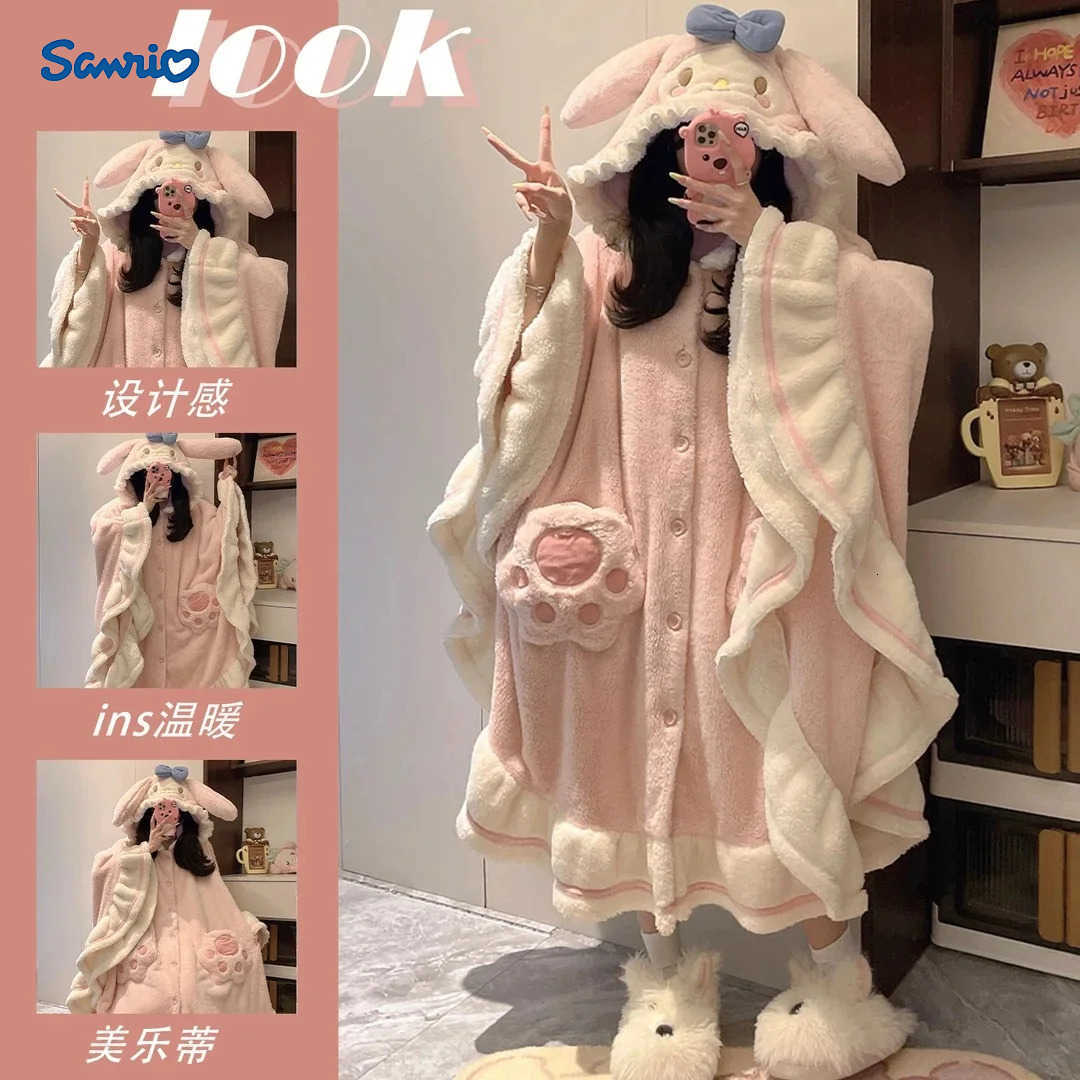 Sanrio Anime My Melody 2Pcs Plush Warm Pajamas Set Kawaii Winter Cute Homeewear for Women Coral Velvet Nightgown Thickened Cloak H251216-image-1088665704