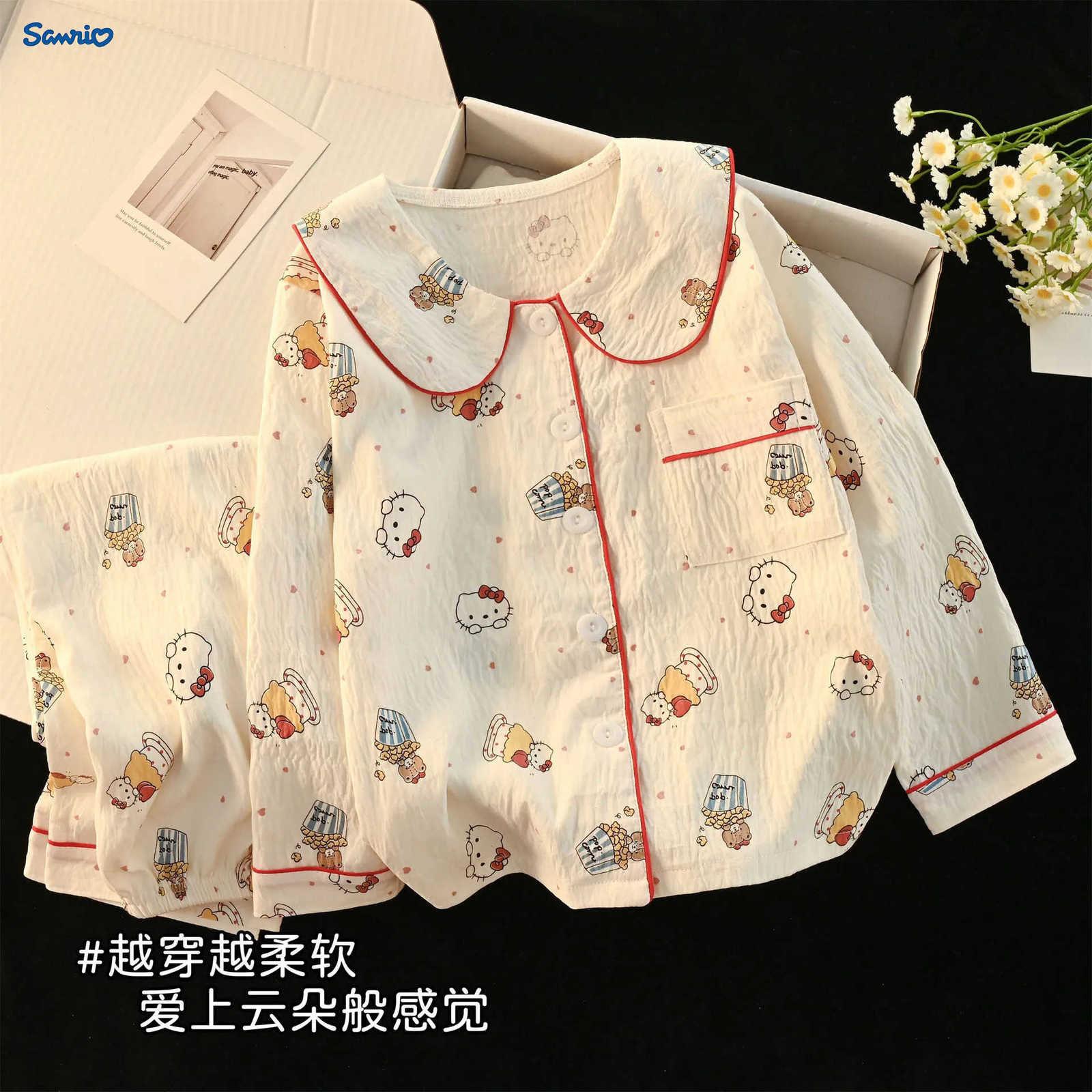 Sanrio Hello Kitty Autumn Childrens Pajama Double Long Set Cardigan Cotton Parent Child Cartoon Home Clothes Two Piece Set H251216-image-1088698601