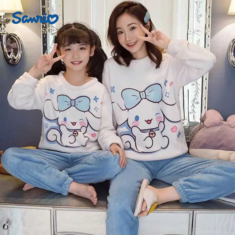 Sanrio 2Pcs Cinnamoroll Fall Winter Kids Pajamas Flannel Sets Women Home Clothes Cartoon Warm Kuromi Parent Child Sleepwear Gift H251216-image-1088698176