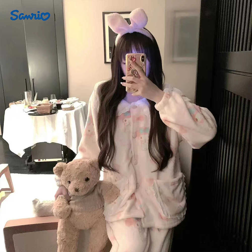 Sanrio Anime My Melody Womans Coral Fleece Pajama Set Autumn Winter Students Doll Collar Thicken Warm Girls Causal Pajamas Home Wear H251216-image-1088666337
