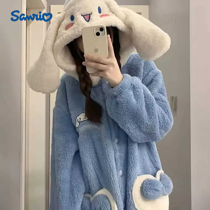 Sanrio Cinnamoroll Girl Flannel Pajamas Kawaii Anime Winter Extra Thick Warm Coral Fleece Home Clothing Nightdress Clothing Gift H251216-image-1088697355