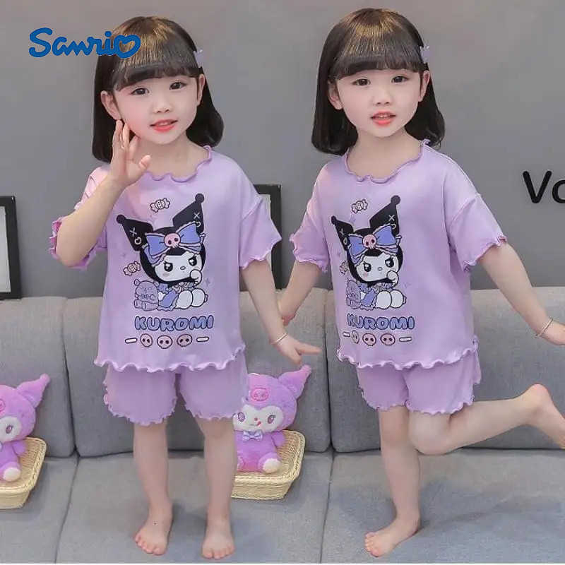 Sanrio Sanrios 2Pcs Summer Pajamas Short Sleeve New Style Girl Cartoon Kuromi Baby Thin Soft Breathable Round Neck Kawaii Home Clothing H251216-image-1088702787