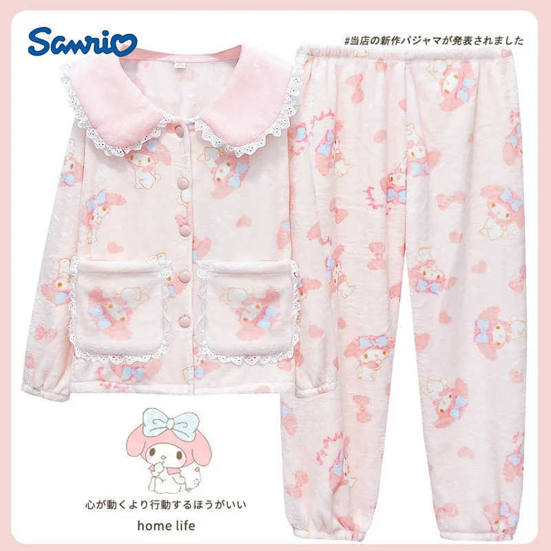 Sanrio Anime Kawaii 2Pcs Women Plush Pajamas Suit Melody Coral Fleece Sleepwear Loose Cardigan Tops Pant Cute Student Homewear H251216-image-1088666172