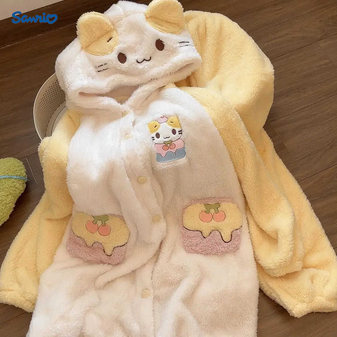 Sanrio Kawaii Hello Kitty Coral Velvet Robes Womens Winter Sanrios Anime Thicken Pajamas Pants Set Cute Casual Student Girl Home Wear H251216-image-1088666736