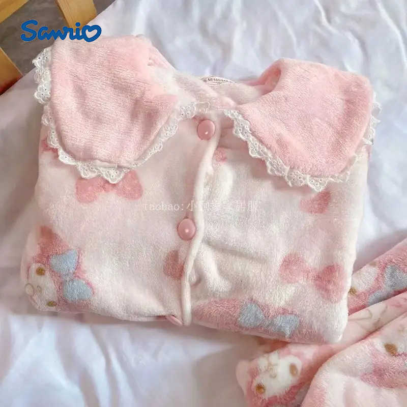 Sanrio Kawaii Home Clothes My Melody Pink Pajamas Suit Anime 2Pcs Coral Fleece Soft Cardigan Tops Pants Women Plush Sleepwear H251216-image-1088666226