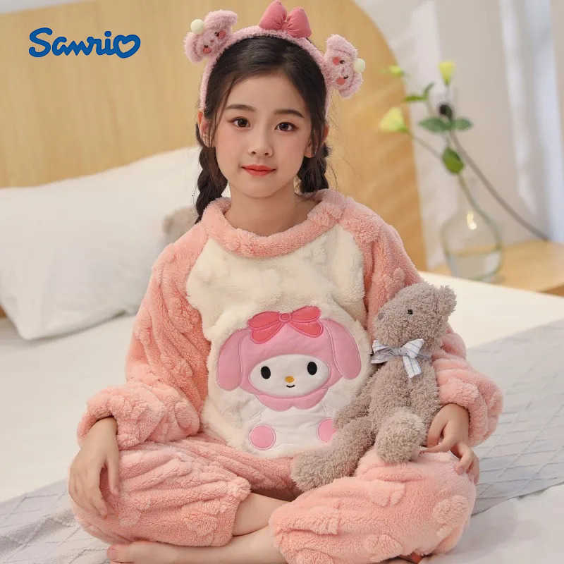 Sanrio Hello Kitty My Melody Kuromi Cinnamoroll Girls Pajamas Suit Winter Flannel Cartoon Kawalii Sweet Keep Warm 2-Piece Set H251216-image-1088698935