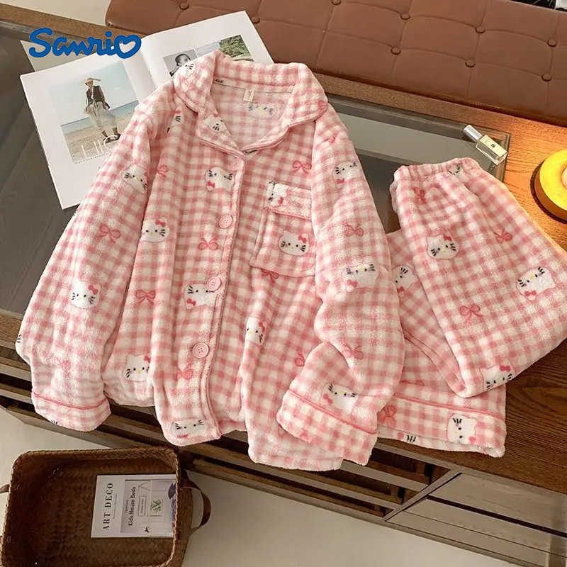 Sanrio 2Pcs Womens Pajamas Set Cartoon Hello Kittys Anime Sanrioed Coral Velvet Homewear Kawaii Girls Nightwear Warm Winter Clothes H251216-image-1088667128
