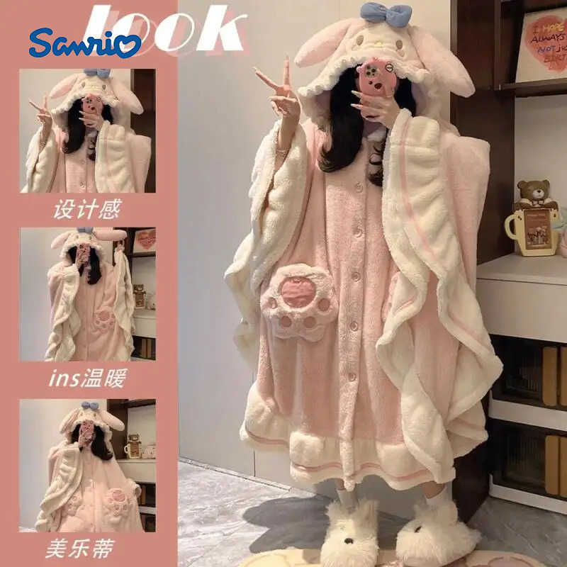 Sanrio Anime My Melody Women Pajamas Autumn Winter Flannel Hooded Nightwear Warm Cartoon Homewear Comfort Girl Cute Nightgown Gift H251216-image-1088665736