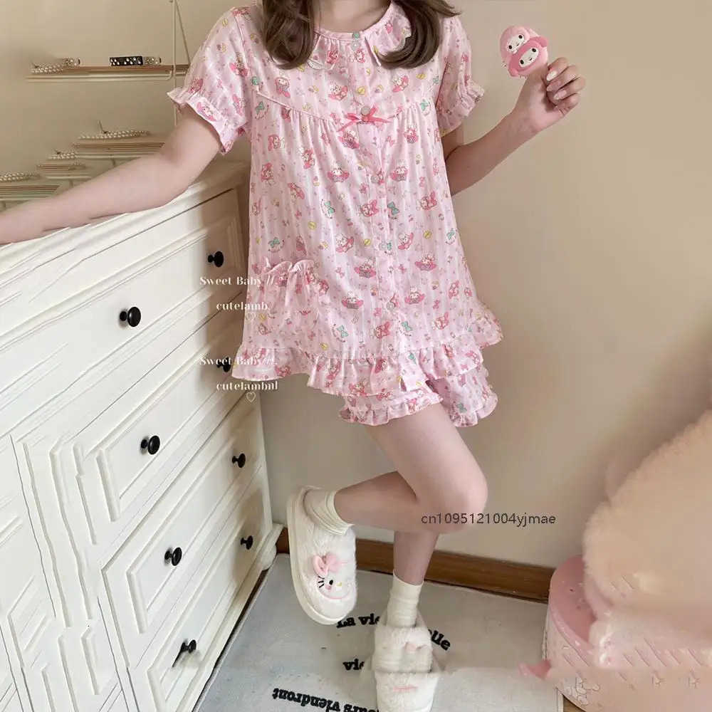 Sanrio 2Pcs My Melody Cute Pink Sweet Pajamas Suit Y2K Kt Cat Home Clothes Women Short Sleeve Top Shirt Shorts Summer Sleepwear H2512161-image-1088713901