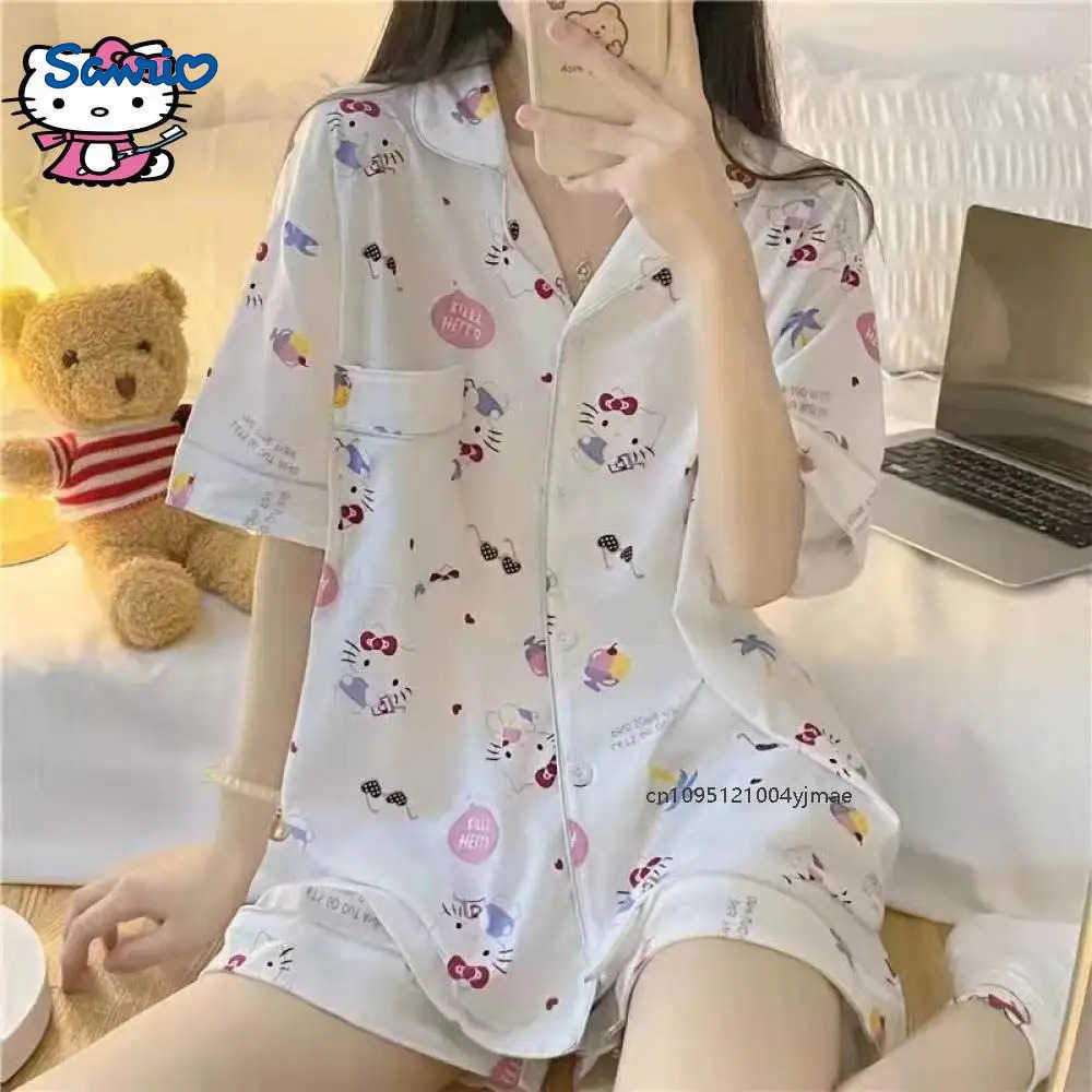 Sanrio Summer Anime Hello Kitty Kuromi Woman Pajamas Kawaii Cartoon Short Sleeve Loose Casual Pajamas Girl Short Sleeve Homewear H251216-image-1088664821
