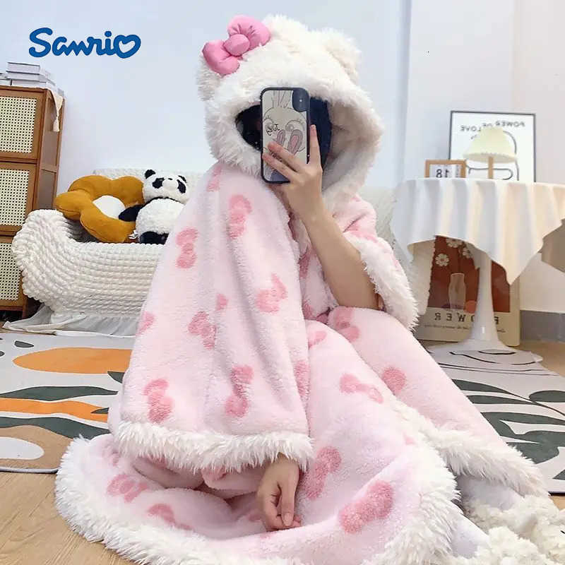 Sanrio Womens Hello Kitty Flannel Pajama Set - Hooded Robe Pants with Bow Print Fleece-Lined for Winter Cozy Healing Loungewear H251216-image-1088666099