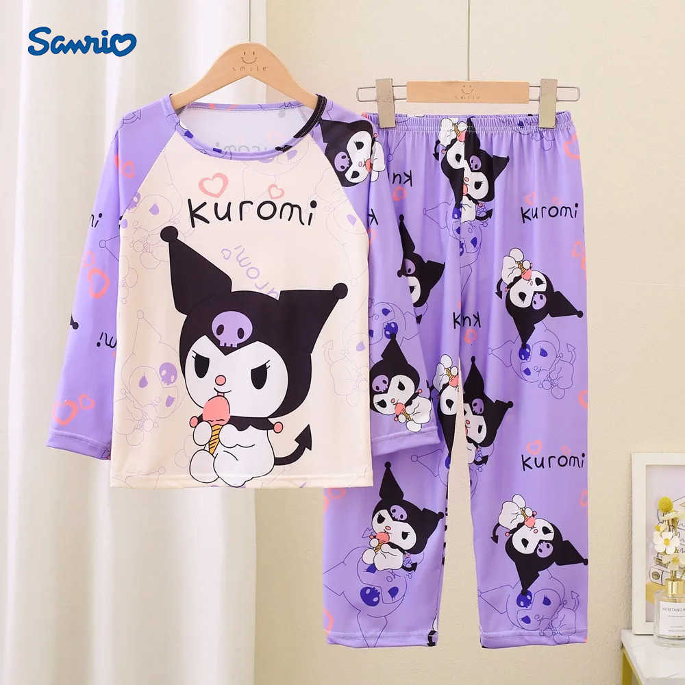 Sanrio Lovely Kuromi Children Pajama Sets Print Causal Fashion Soft Comfortable Kids Sleep Clothes Set Round Neck Long Sleeved Pants H251216-image-1088698151