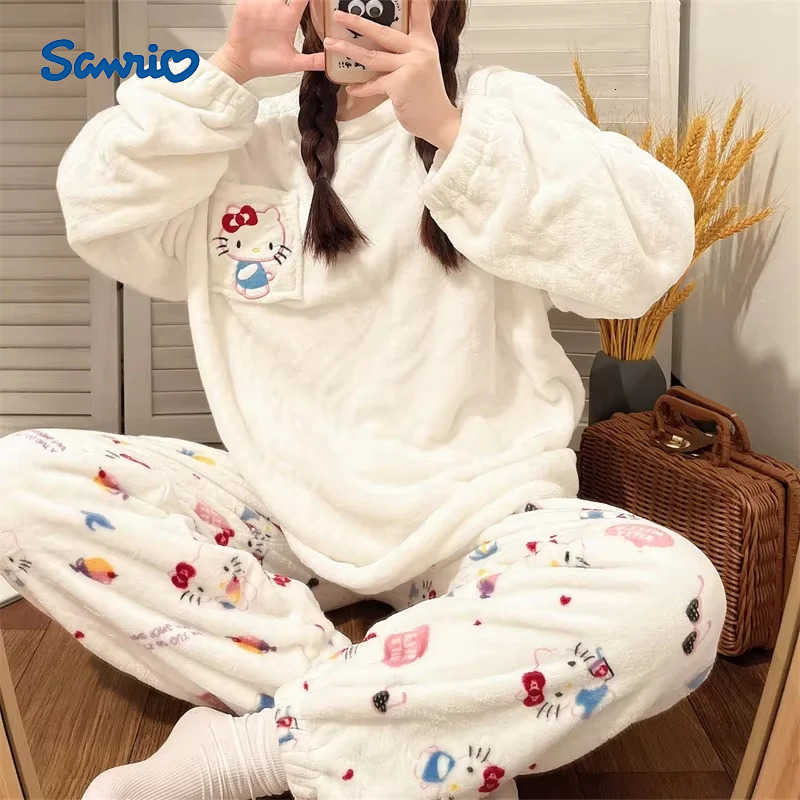 Sanrio Anime Hello Kitty Pajamas Kawaii My Melody Flannel Pullover Coral Velvet Winter Warm Pajamas Suit Homewear Girl Gifts Toy H251216-image-1088664198