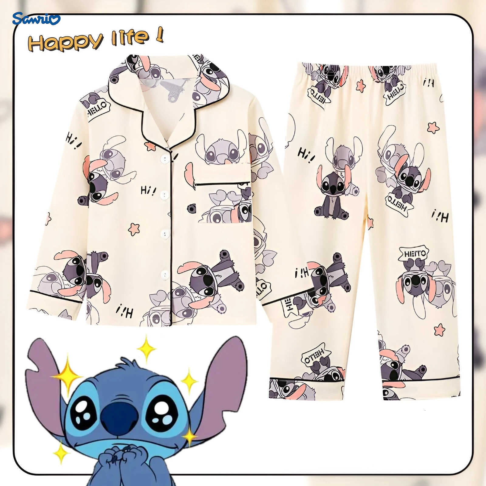 Sanrio 2pcs Stitch Print Autumn and Winter Kids Pajama Set for Boys and Girls Long Sleeve Top Pants Set Stitch Comfy Casual Set H251216-image-1088698280