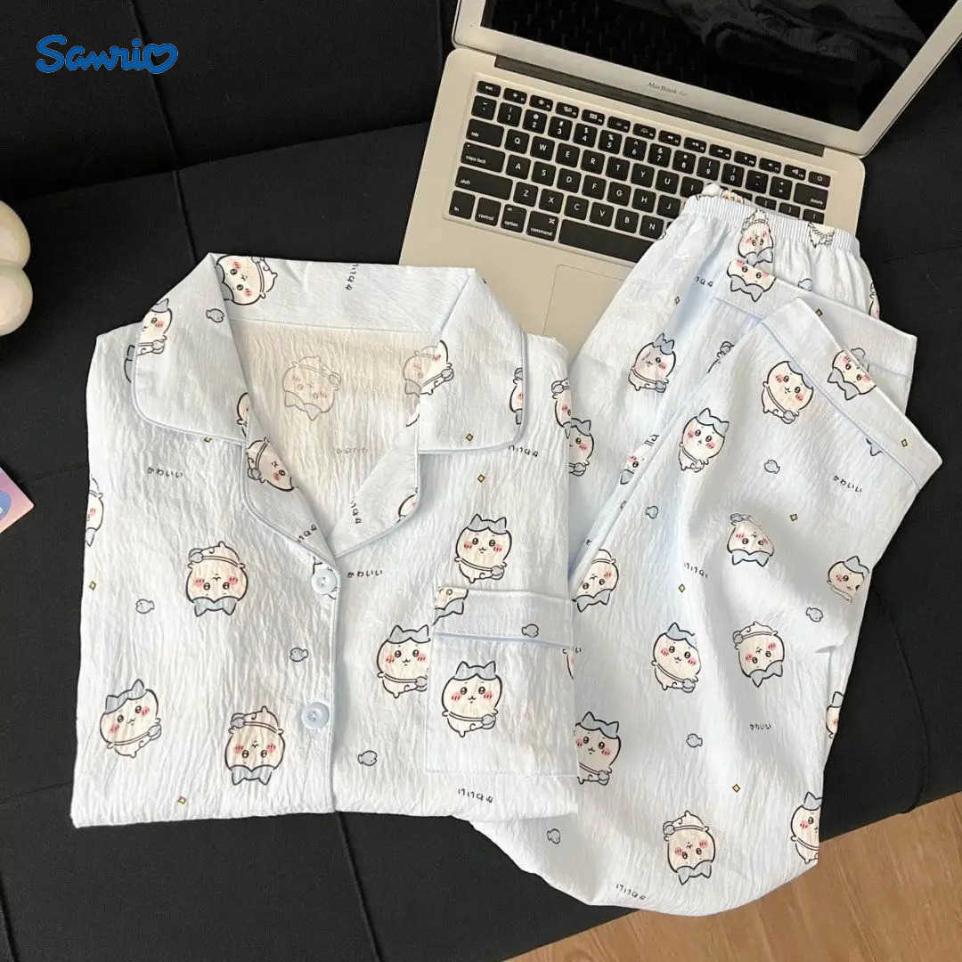 Sanrio Kawaii Chiikawa Womens Pajama Set Spring Autumn Thin Style Cartoon Nightgown Homewear Anime Cute Girls Leisure Suit Pajamas H251216-image-1088666925