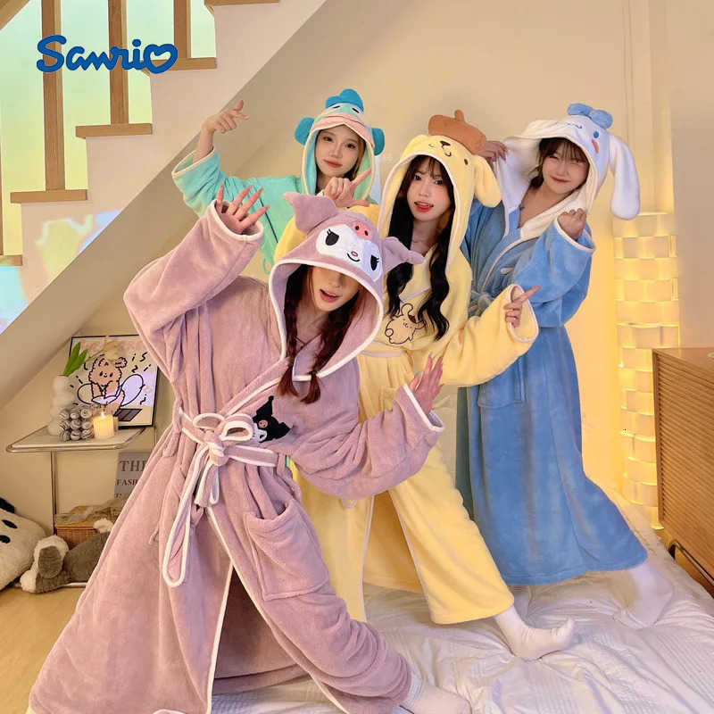 Sanrio Series Nightgown Melody Kuromi Cinnamoroll Cartoon Patterns Coral Fleece Autumn And Winter Style Bathrobe Lovers Pajamas H251216-image-1088664095