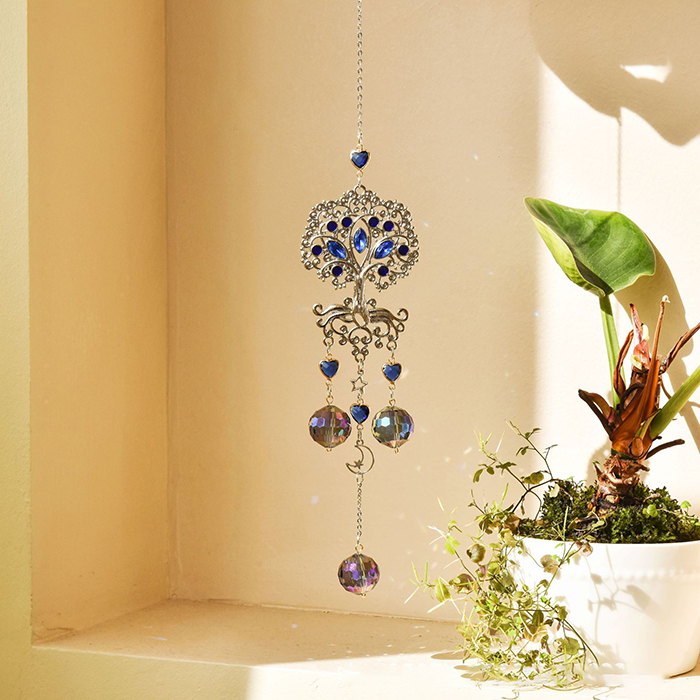 Home Living Room Window Hanging Decoration Charm Blue Tree of Life Moon Crystal Sun Catcher Wind Chime Rainbow Maker M260328-image-1099406385