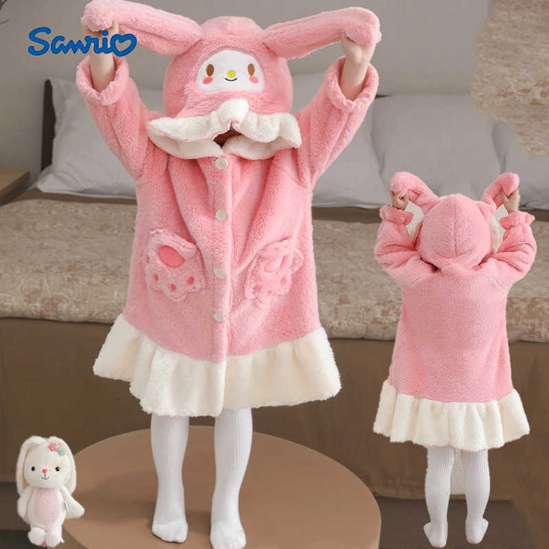 Sanrio My Melody Pajamas Kawaii Cartoon Kids Plush Pajamas Robe Anime Winter Girls Flannel Warm Thicken Home Wear Coral Fleece Bathrobe H251216-image-1088696966
