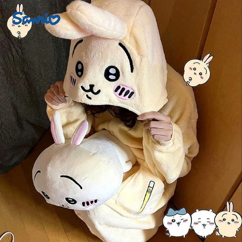 Sanrio Y2K Kawaii Chiikawa Usagi Coral Velvet Hooded Pajamas for Girls Cartoon Hachiware Womens Velvet Home Clothes Autumn Winter Warm H251216-image-1088666613