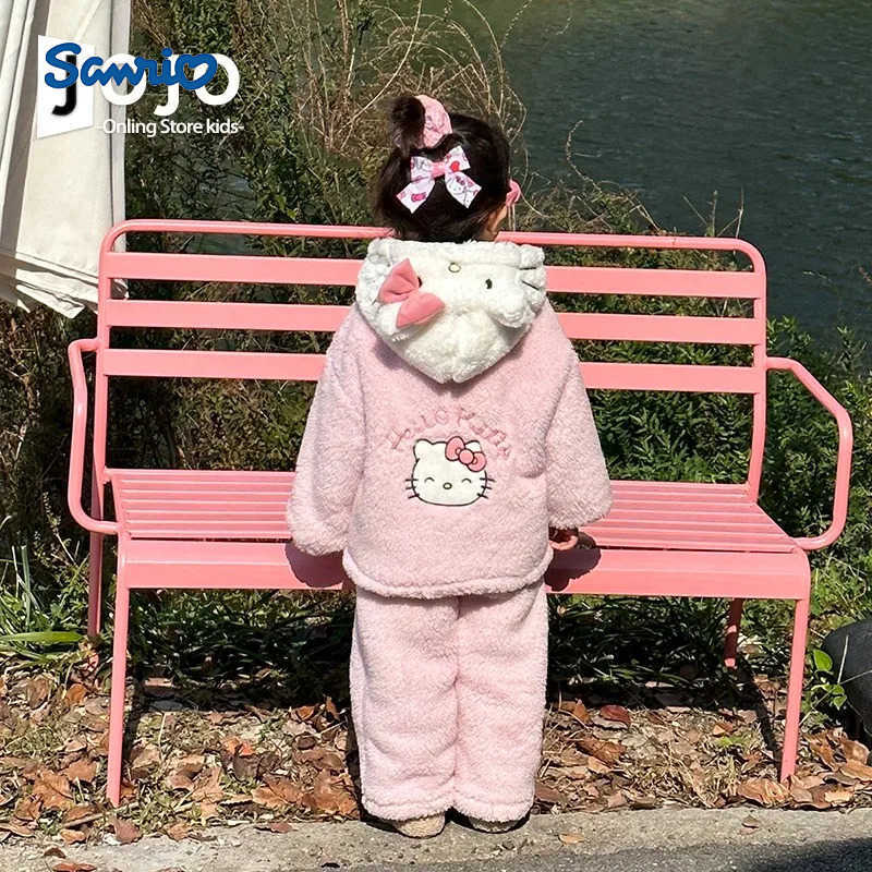 Sanrio Anime 2Pcs Hello Kitty Children Velvet Pajama Set Kawaii Flannel Warm Hooded Thicke Embroidery Coat Pants Cartoon Homewear Set H251216-image-1088698055