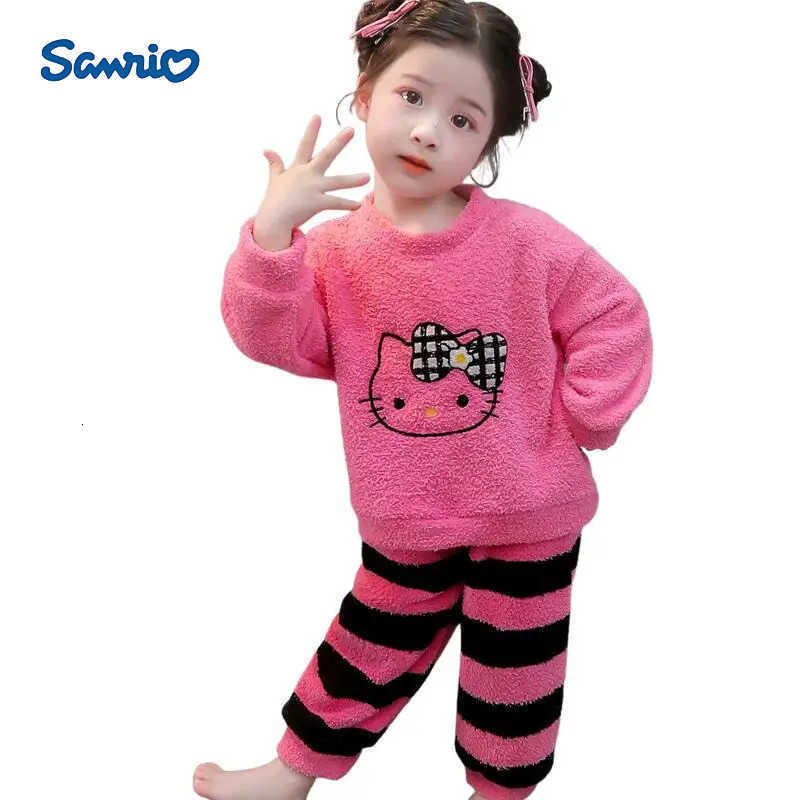 Sanrio Hot Hello Kitty Girls Flannel Pajamas Sets Kids Cartoon Kawaii Sweet Leisure Wear Keep Warm Autumn Winter Home Clothes H251216-image-1088663927