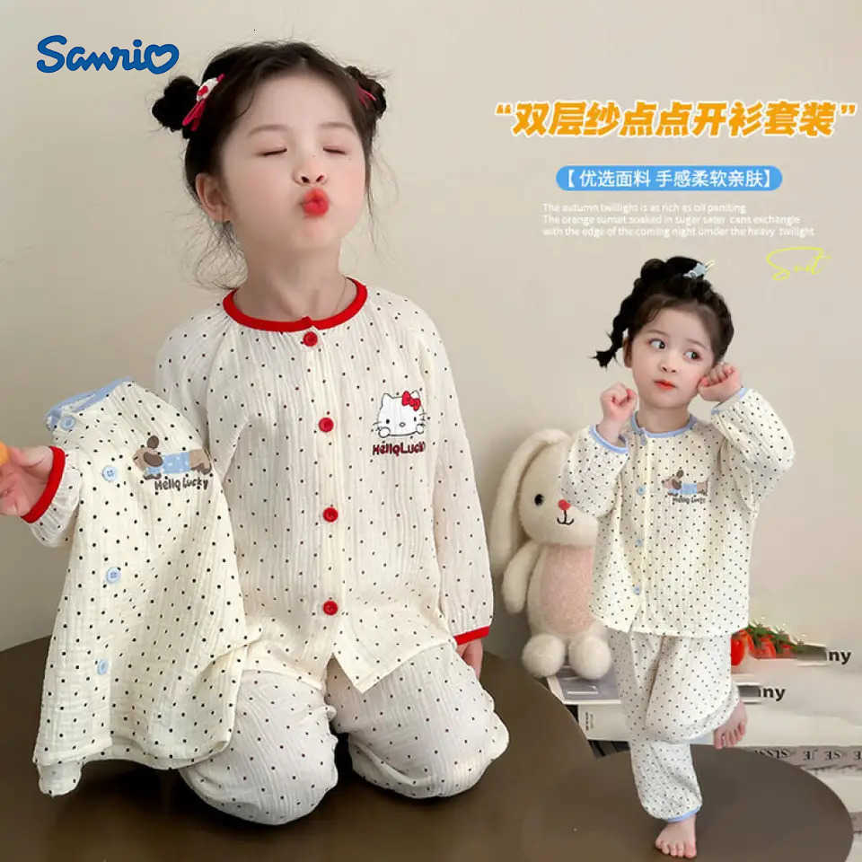 Sanrio Hello Kitty Girls Pajamas Spring Autumn New Style Little Polka Dot Gauze Cardigan Suit Girls Cotton Princess Home Clothes H251216-image-1088702402