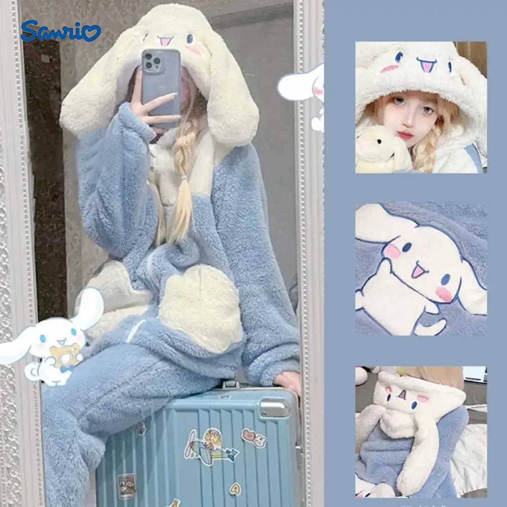 Sanrio Kawaii Cinnamoroll 2Pcs Women Plush Pajamas Suit Winter Hooded Home Clothes Cartoon Thickened Homewear Girls Household Clothes H251216-image-1088663578