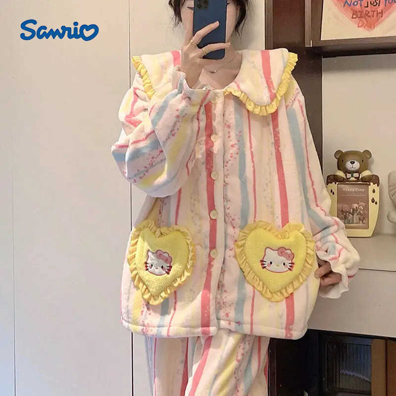 Sanrio Cute Hello Kitty Flannel Pajamas Autumn Winter Women Coral Velvet Thickened Doll Collar Long Sleeves Princess Warm Home Clothes H251216-image-1088666208