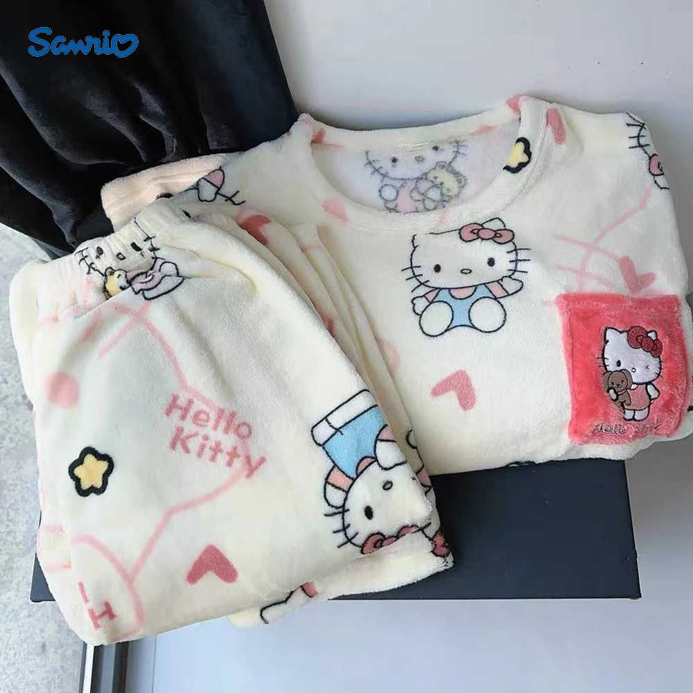 Sanrio Anime Women Pajamas Suit Winter Cartoon Hello Kitty Girls Coral Fleece Sleepclothes Flannel Velvet Thicken Homewear Suit H251216-image-1088664616