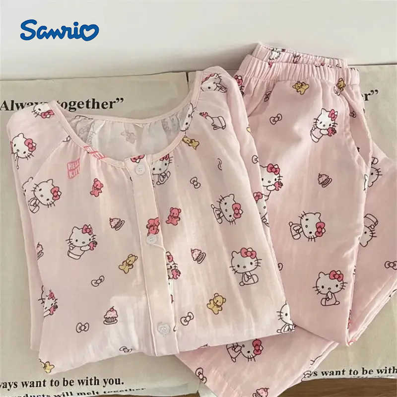 Sanrio Hello Kitty round neck pajamas womens sweet and cute cartoon spring and autumn long-sleeved home clothes set holiday gift H251216-image-1088665401