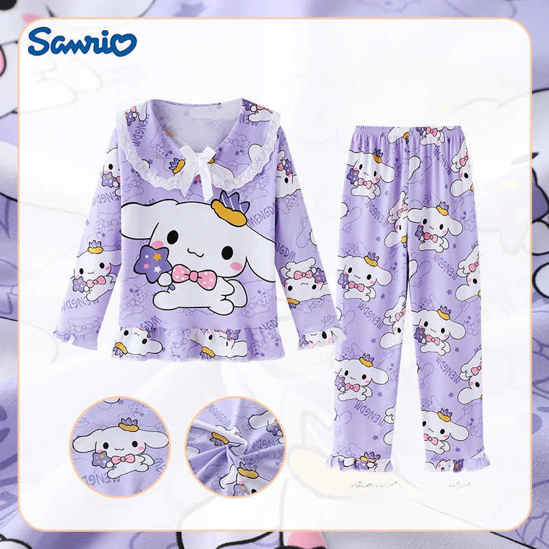 Sanrio Kawaii Kids Pajama Sets Lace Bow Print Comfortable Children Sleepwear Suit Soft Loose Indoor Clothes Autumn Winter H251216-image-1088710390