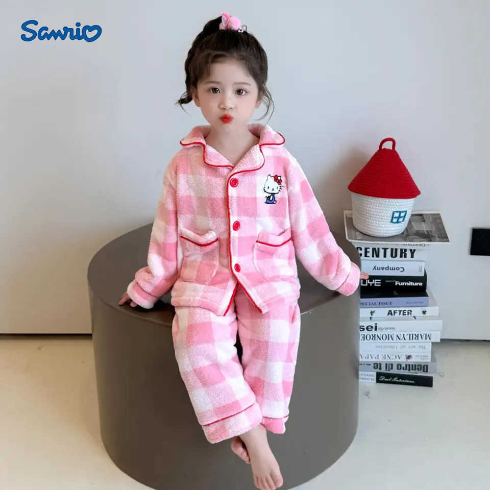 Sanrio Hello Kitty Girls Sweet Pajamas Autumn Winter Thickened Warm Plaid Cardigan Childrens Home Clothes Set Cartoon Cute Gift H251216-image-1088700710