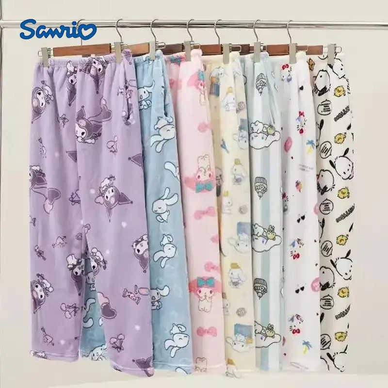 Sanrio Anime Kuromi My Melody Cinnamoroll Flannel Pajamas Pants Pj Fashion Womens Men Kawaii Woolen Cartoon Casual Home Clothes H251216-image-1088664418