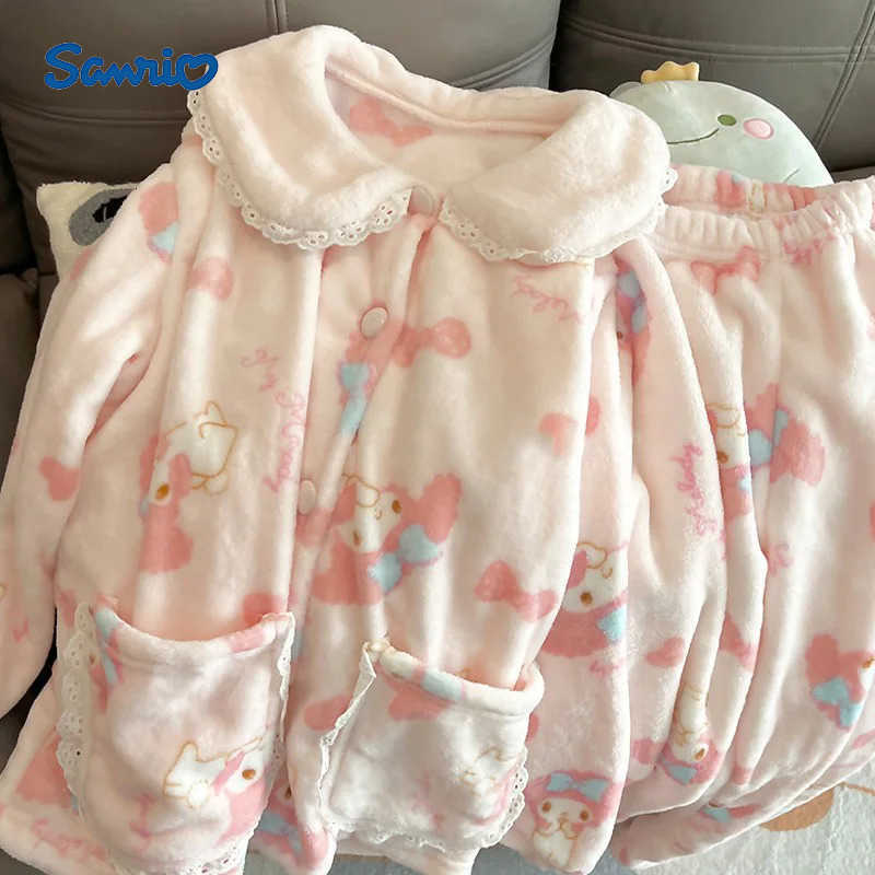 Sanrio Cute 2Pcs Plush Pajamas Suit Melody Anime Kawaii Sanrios Coral Fleece Women Sleepwear Loose Cardigan Tops Pant Student Homewear H251216-image-1088666158