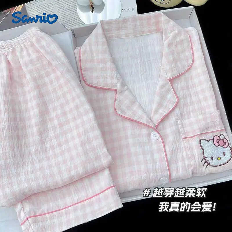 Sanrio New Hello Kitty Womens Pajama Set Spring Autumn Thin Style Kawaii Cartoon Nightgown Anime Leisure Cartoon Cute Girls Pajamas H251216-image-1088666941
