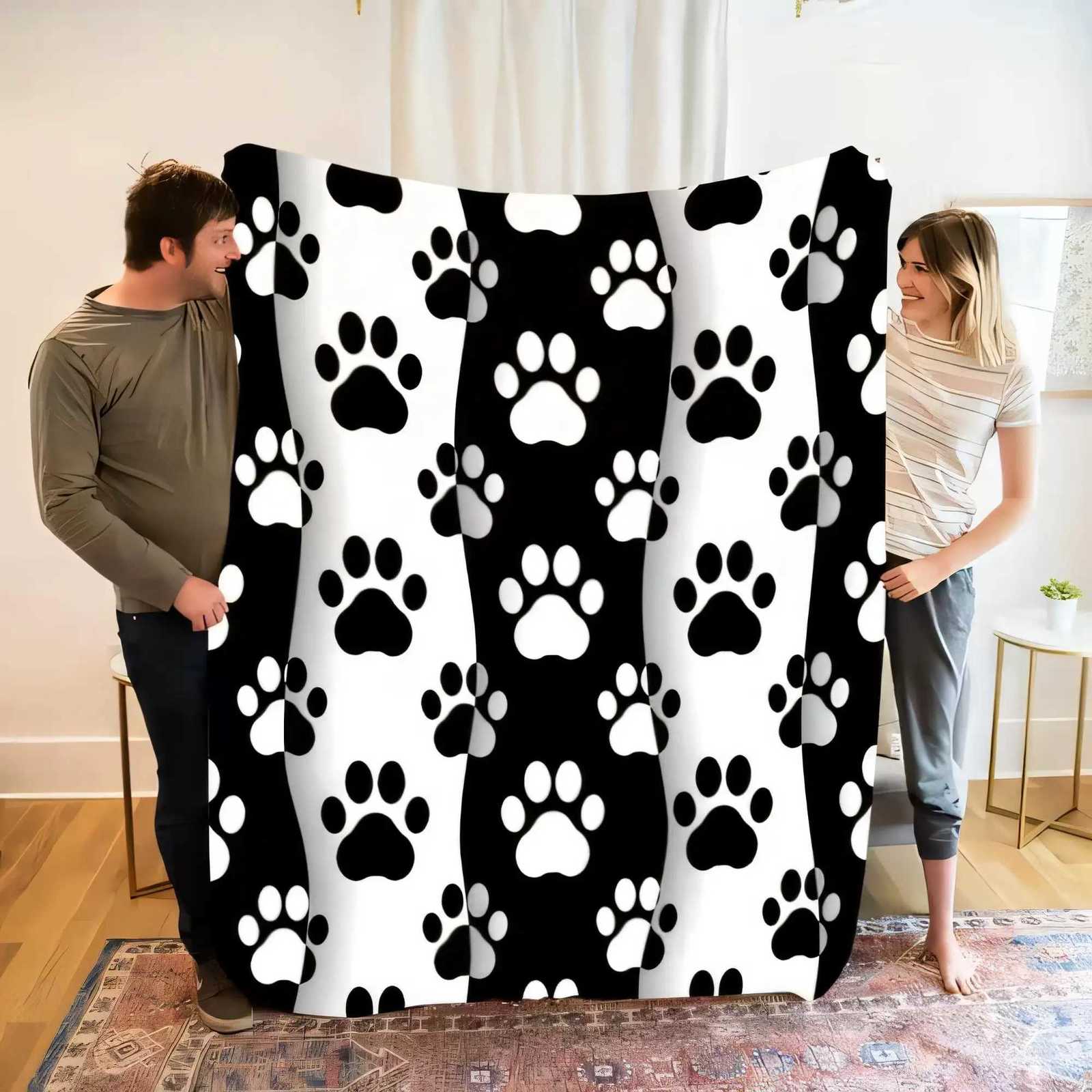 Cozy Black and White Paw Print Blanket for Indoor Use Perfect for Home Decoration Soft and Warm Throw Ideal for Pet Lovers C H251216-image-1088601218