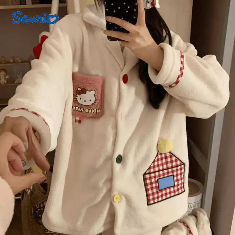 Sanrio Anime Hello Kittys Womens Pajamas Autumn Winter Cartoon Flannel Warm Loungewear Sweet Cute Plush Home Wearr Thickened Spwear H251216-image-1088667415
