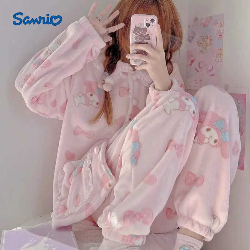 Sanrio Sanrios My Melody Plush Pajamas Suit Kawaii Pompom Purins Home Clothes Coral Fleece Women Sleepwear Soft Cardigan Tops Pant 2Pcs H251216-image-1088666314